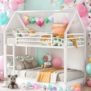 Twin over Twin House Bunk Bed with Built-in Ladder,House Bunk Bed,Easy Assembly,White