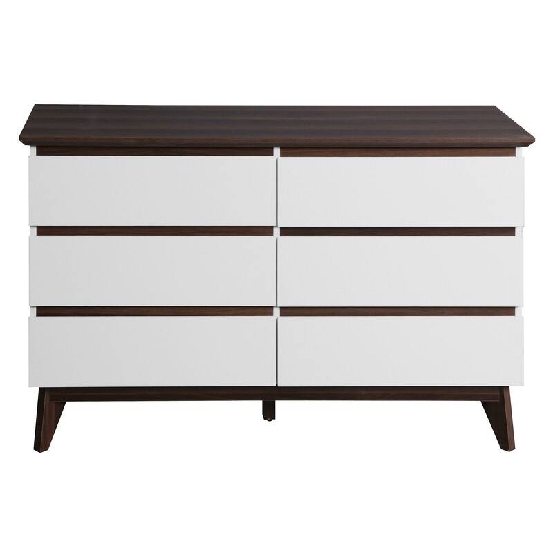 6-Drawer Wide Storage Cabinet, White & Walnut Dresser for Bedroom & Living Room