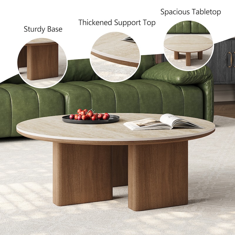 35.4'' Mid-Century Modern Round Coffee Table with Stone Countertop, Stain-Resistant Center Table for Living Room