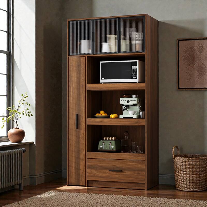 Tall Kitchen Pantry Cabinet with Pull-Out Multi-Tier Shelf, Drawer & Glass Door, Freestanding Hutch with Microwave Stand - Walnut