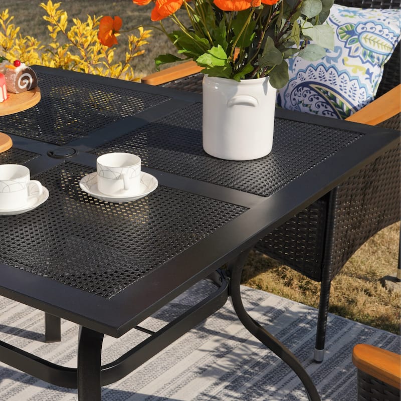 MAISON ARTS 6-Piece Metal Patio Dining Set: 4 Swivel Chairs, 1 Steel Frame Square 37" Table and 1x10ft 3-Tier Red Umbrella