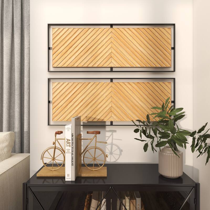 Brown Wooden Handmade Linear Carved Geometric Home Wall Decor with Black Frame (Set of 2)