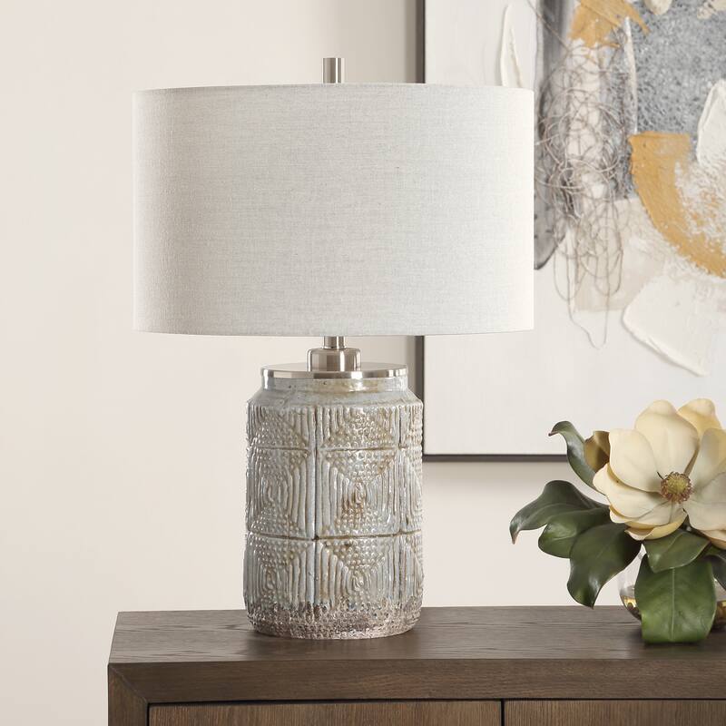 Intricate Etched Ceramic Table Lamp with Drum Shade - 24.5" - Gray