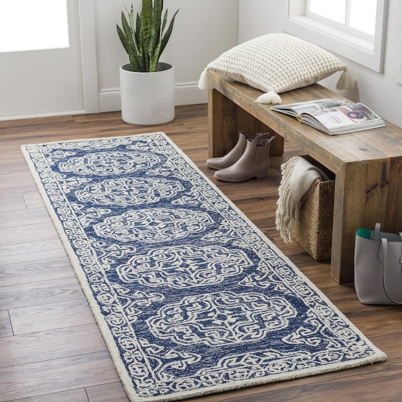 Livabliss Granada Handmade Medallion Wool Area Rug - 2' 6" x 8' - Navy