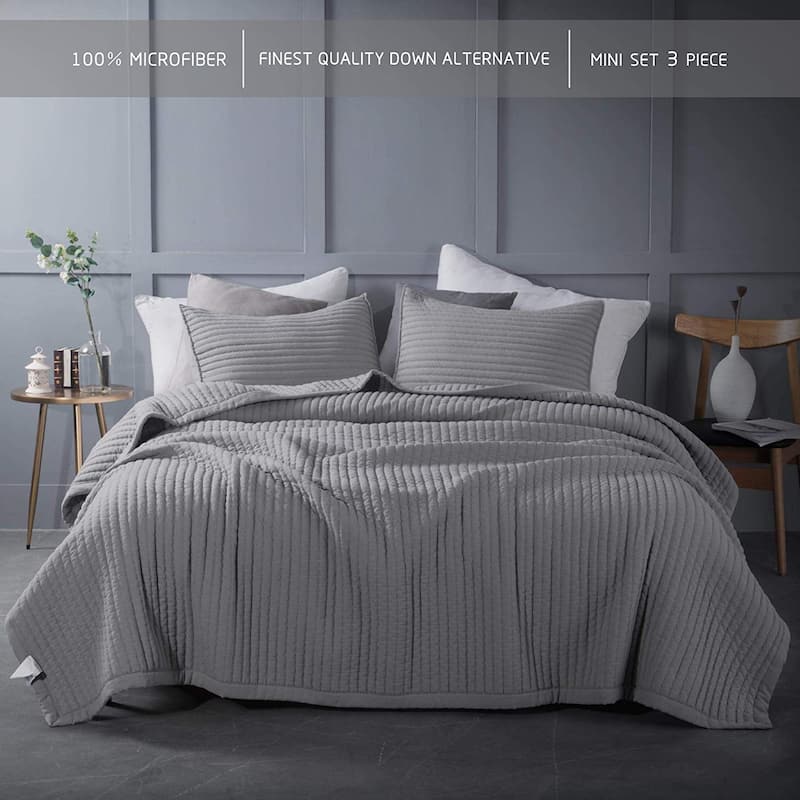 KASENTEX Quilt Set Soft Bedspread - Light Weight, Stone Washed, Down Alternative Fill, Machine Washable - Grey - Oversized Queen