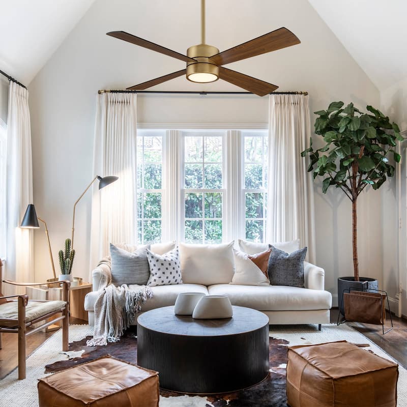 52" Antique Brass Wood 4-Blade Indoor Ceiling Fan with Light and Remote