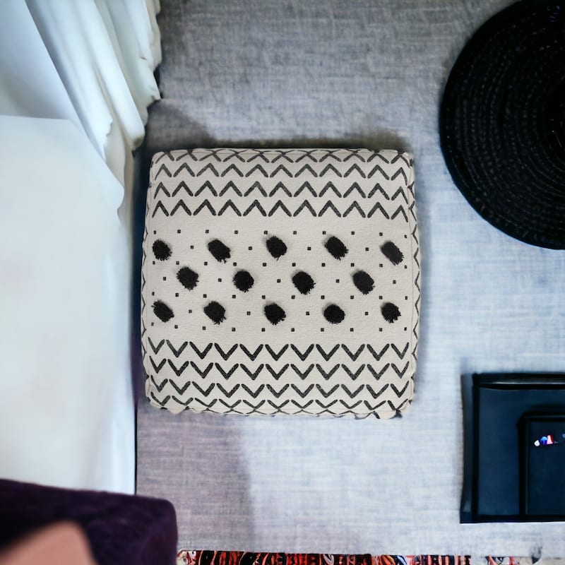 18 Inch White Cotton Chevron Pouf Ottoman for Living Room or Bedroom