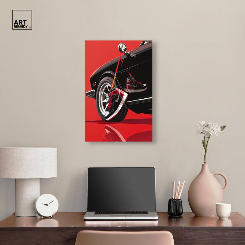 Red Bold Sneaker and Car Canvas by Art Remedy, Gallery Wrapped