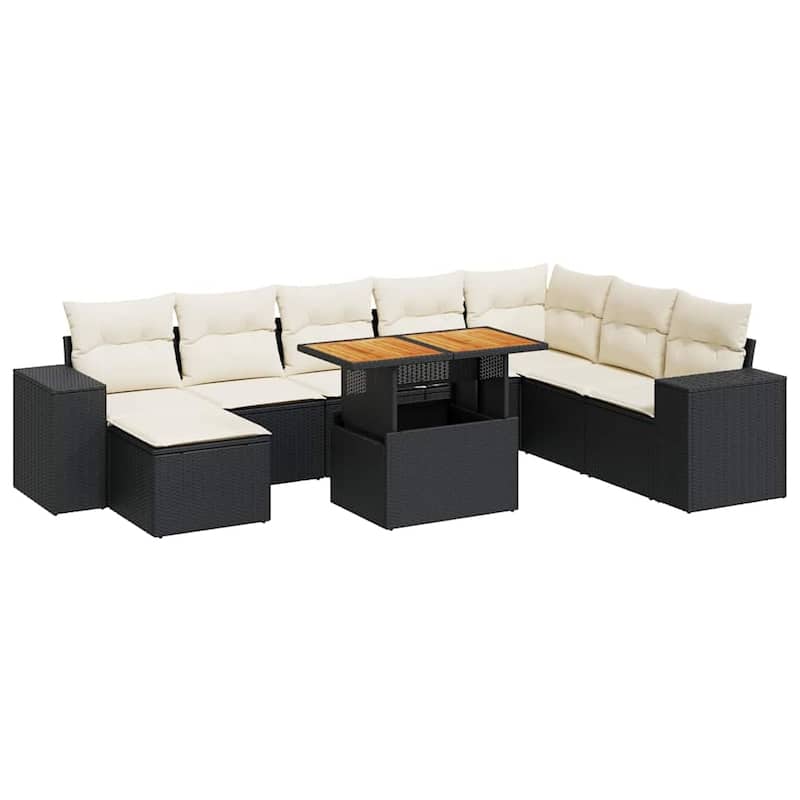 vidaXL Patio Sofa Set with Cushions Table and Stool 9 Piece Poly Rattan Acacia - 21.7 x 39.4 x 28.7