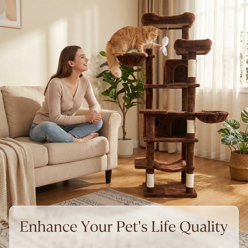 68 in Tall Multi-Level Green Cat Tree with Hammocks, Hanging Basket, Cat Cave, Removeable Cushion, Scratching Posts