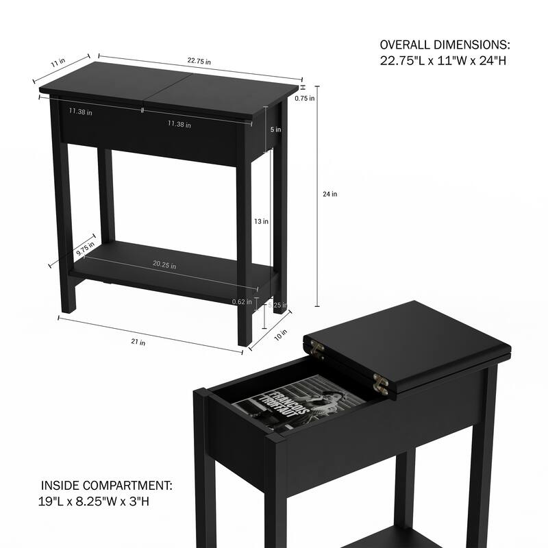 Lavish Home Narrow End Table with Storage, Black