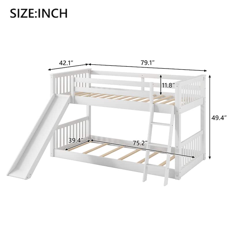 Twin Over Twin / Full Over Full Wooden Bunk Bed with Convertible Slide and Ladder, Guardrails, No Box Spring Needed