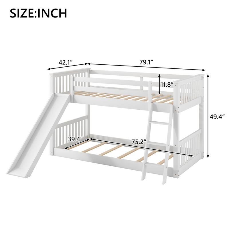 Twin over Twin Bunk Bed with Convertible Slide and Ladder, White