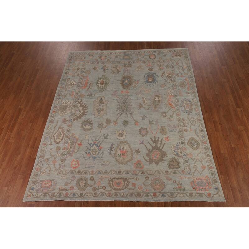 Light Blue Turkish Oushak Vegetable Dye Area Rug Handmade Wool Carpet - 8'2"x 9'10"