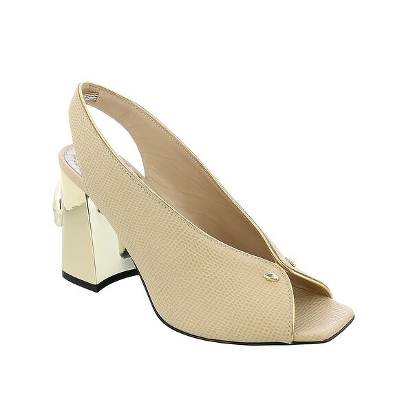 Roberto Cavalli Class Beige Lizard Textured Square Open Toe Block High Heel Slingback Sandal-. Opens flyout.