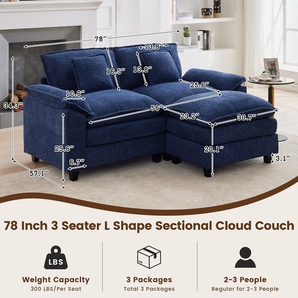 dimension image slide 15 of 17, Modular Cloud Chenille Sectional Sofa with Ottomans, Deep Seat Convertible L-Shaped or U-Shaped Couch
