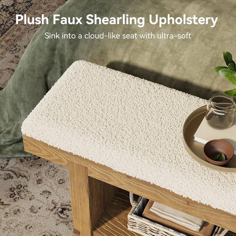 47.2" Solid Wood Entryway Bench, 2-Tier Farmhouse Upholstered Bedroom Bench