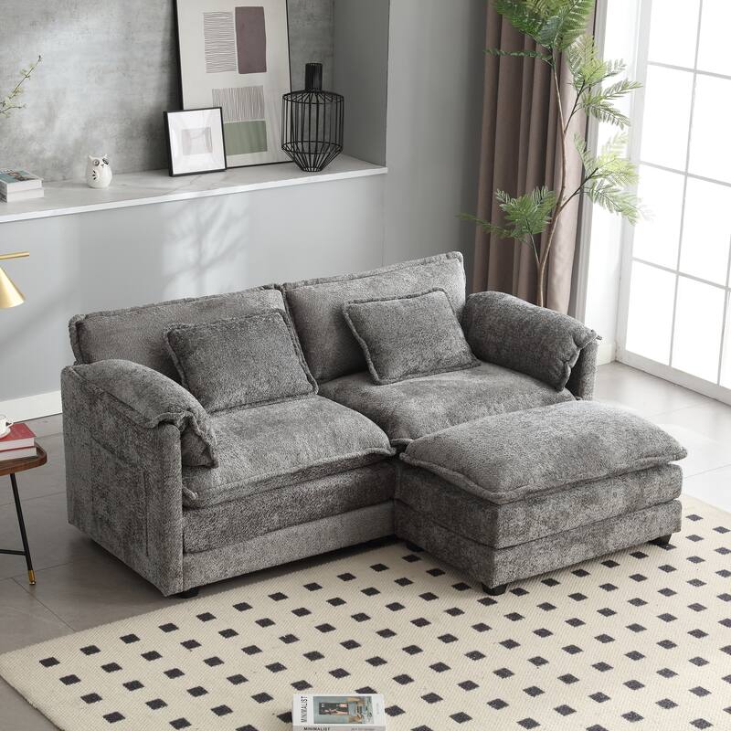 Chenille Fabric Double Sofa with High-Density Sponge Filling, Removable Armrests, and Side Storage Bags