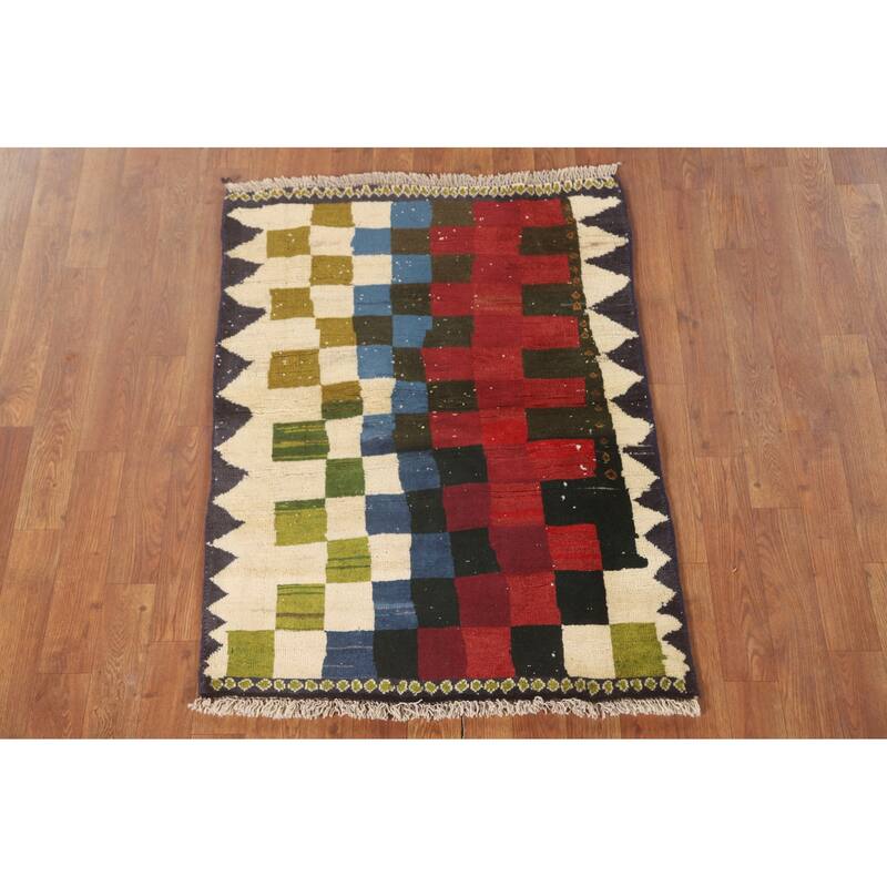 Checkered Gabbeh Persian Vintage Accent Rug Handmade Wool Carpet - 2'7" x 3'6"