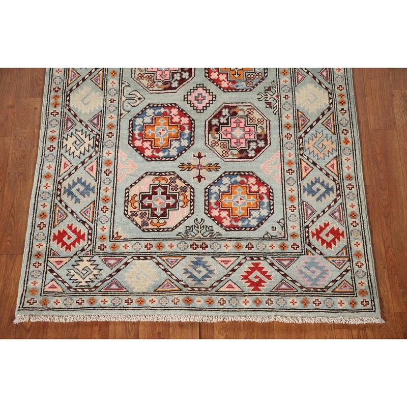 Geometric Kazak Rug Hand-Knotted Blue Wool Carpet - 3'3"x 4'11"