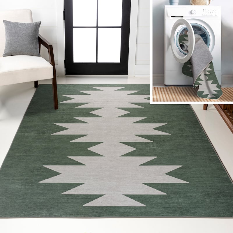 JONATHAN Y Adriel Solid Low-Pile Machine Washable Area Rug - 2 X 8 - Dark Green/Light Gray