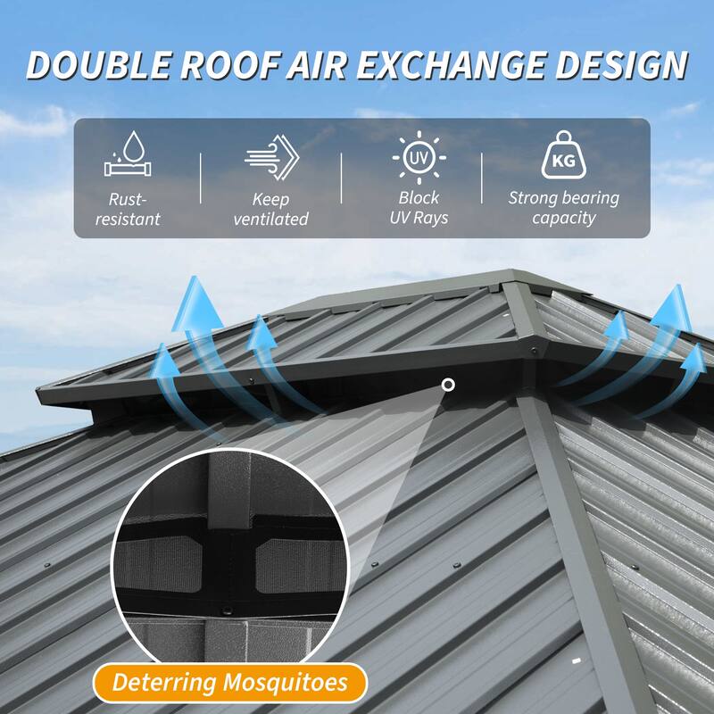 10' X 14' Hardtop Gazebo with Galvanized Steel Roof, Aluminum Frame, Curtains, and Netting for Outdoor Use