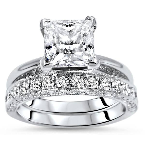 Shop 18k White Gold 2 0ct Princess Moissanite 3 4ct Diamond Engagement Ring Bridal Wedding Set On Sale Overstock 31567911