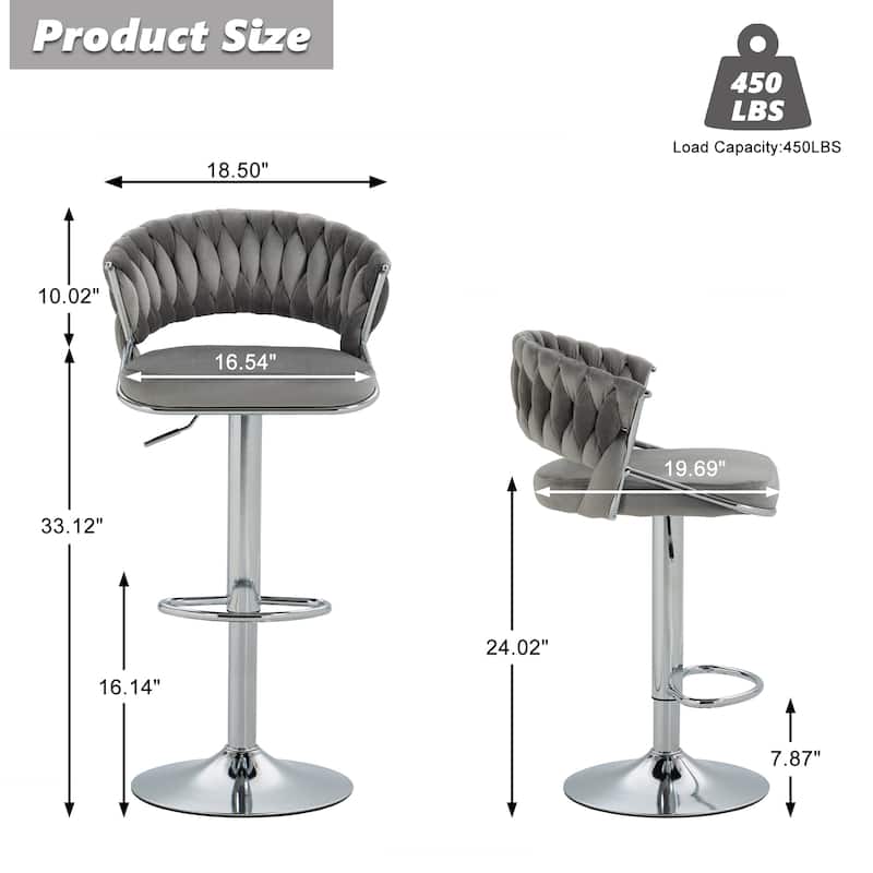 Set of 2 Modern Velvet Adjustable Bar Stools with Backs