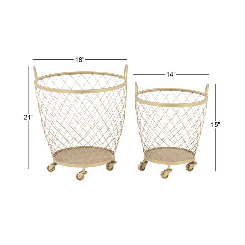 Metal Deep Set Wire Basket Storage Cart with Wheels and Handle - Set of 2 Gold - Roche River Decor - 17"W x 18"L x 21"H