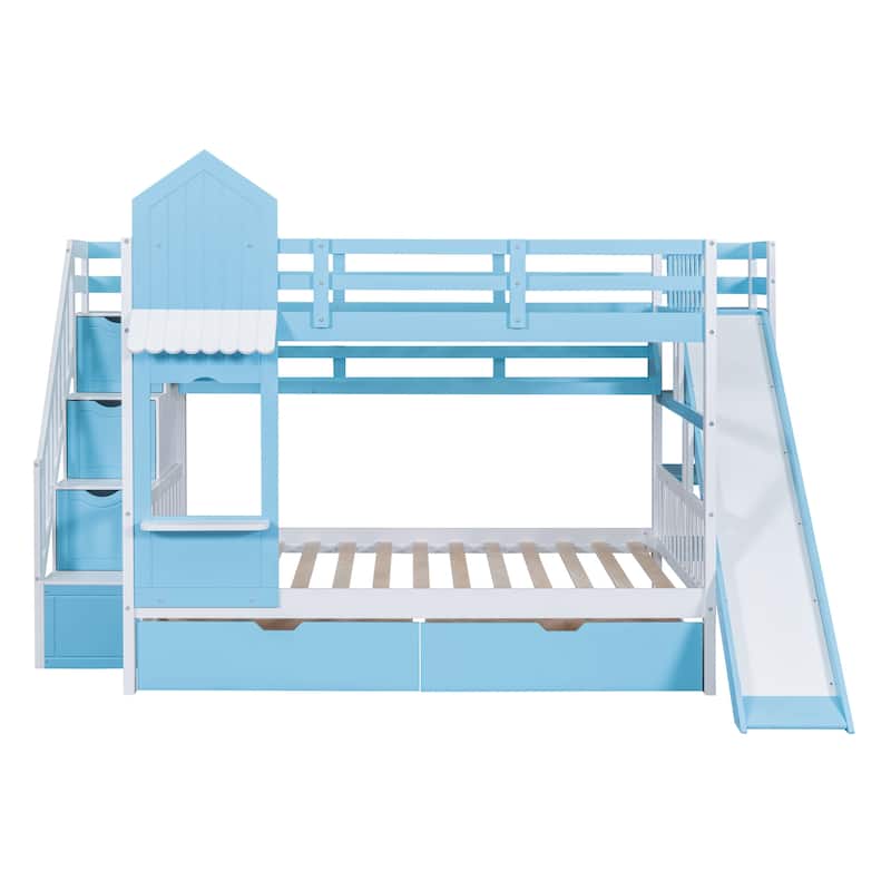 Blue Full over Full Size Solid Wood Castle Style Bunk Bed with Drawers and Slide