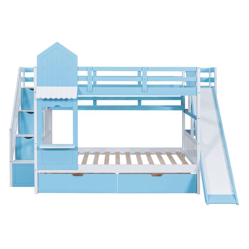 Full over Full Size Solid Wood Castle Style Bunk Bed with 2 Drawers 3 Shelves and Slide for Kids, Bedroom