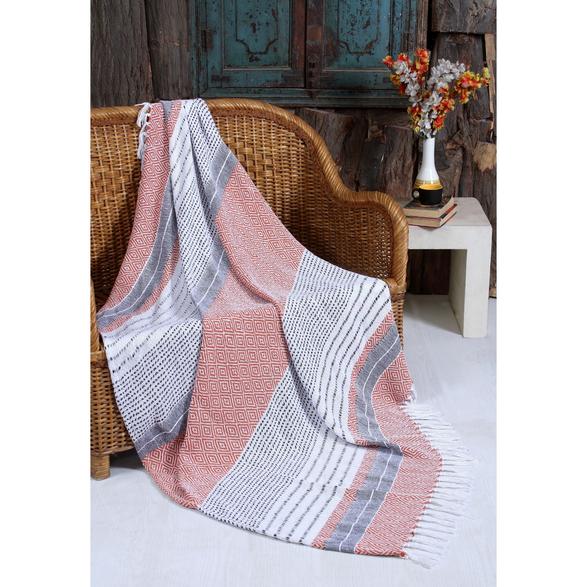 Hand Woven Cotton Rustic Throw Blankets All Season Comfort with Tassels Set of 2 50x60 inches Farm Blue