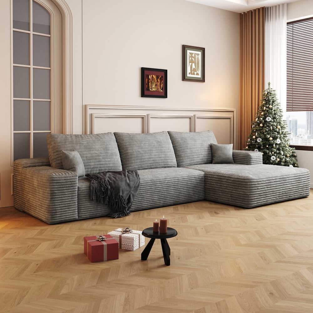 Corduroy Deep Seat Couch L-shaped Sectional Sofa with Chaise Lounge