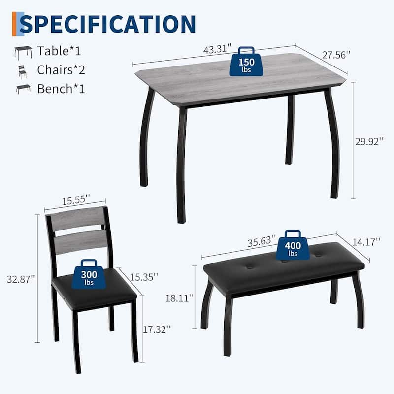 Kitchen Dining Table Set with 2 Classic Dinner Chairs and Upholstered Bench