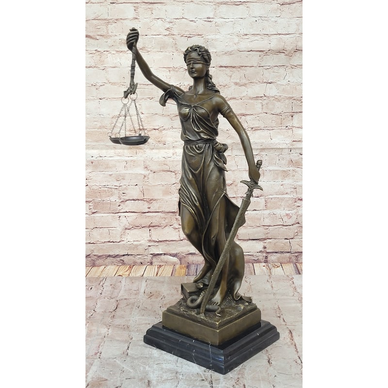 Justica Themis Blind Lady Of Justice Bronze Statue Sculpture On Marble Base By Mayer