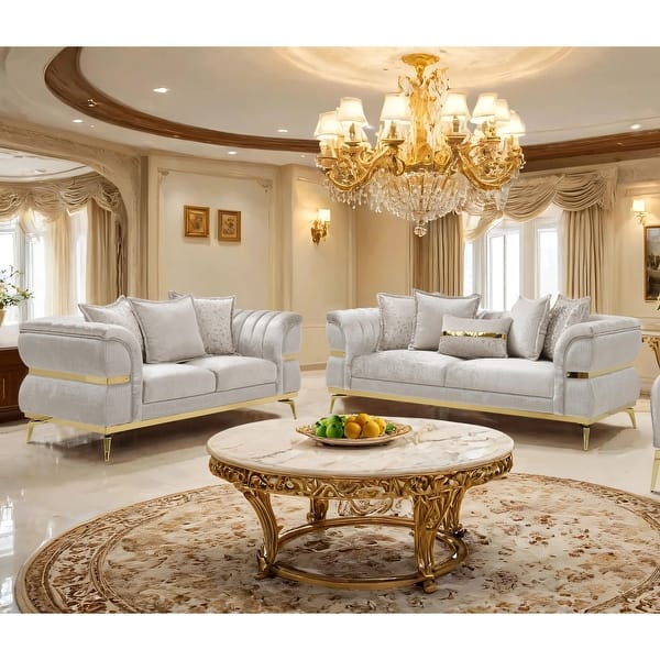 slide 2 of 4, Furniture of America Sawer Glam 2-Piece Beige Upholstered Sofa Set with Stainless Steel Frame