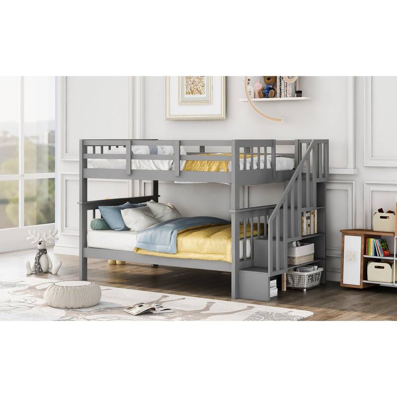 Full-Over-Full Bunk Bed with Storage Stairs and Guard Rail, Gray