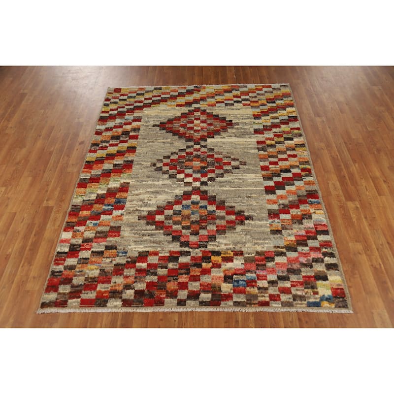 Checkered Moroccan Oriental Area Rug Hand-Knotted Wool Carpet - 5'11" x 7'8"