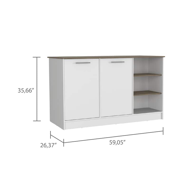 Multi-functional Kitchen Island Cart with Storage Cabinets and Open Shelves, 59.05"W x 26.37"D, White and Dark Brown Finish