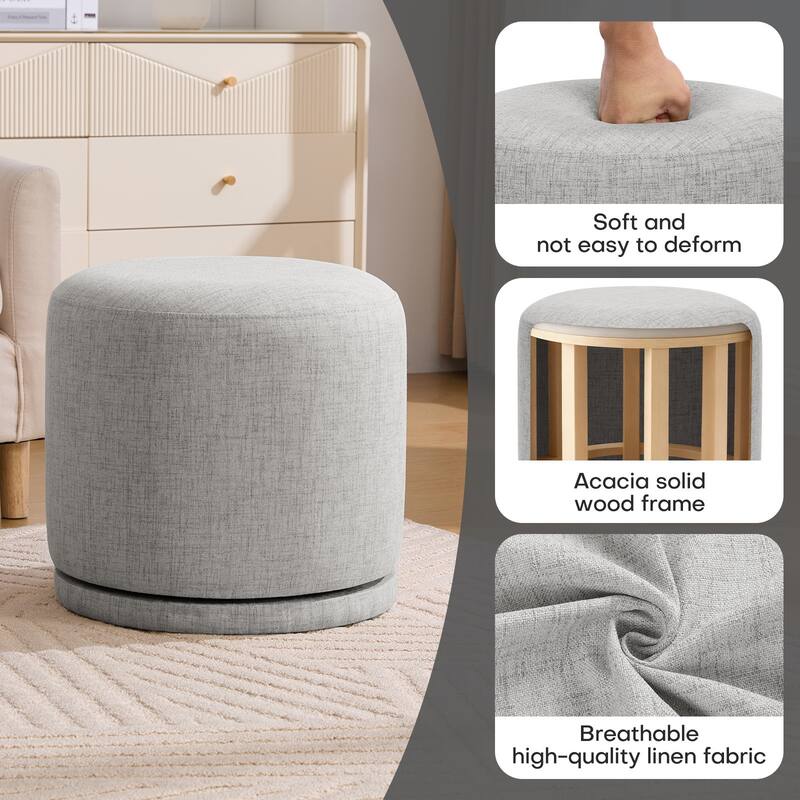 Fully Assembled Linen Round Swivel Ottoman Footstool with Acacia Hardwood Frame
