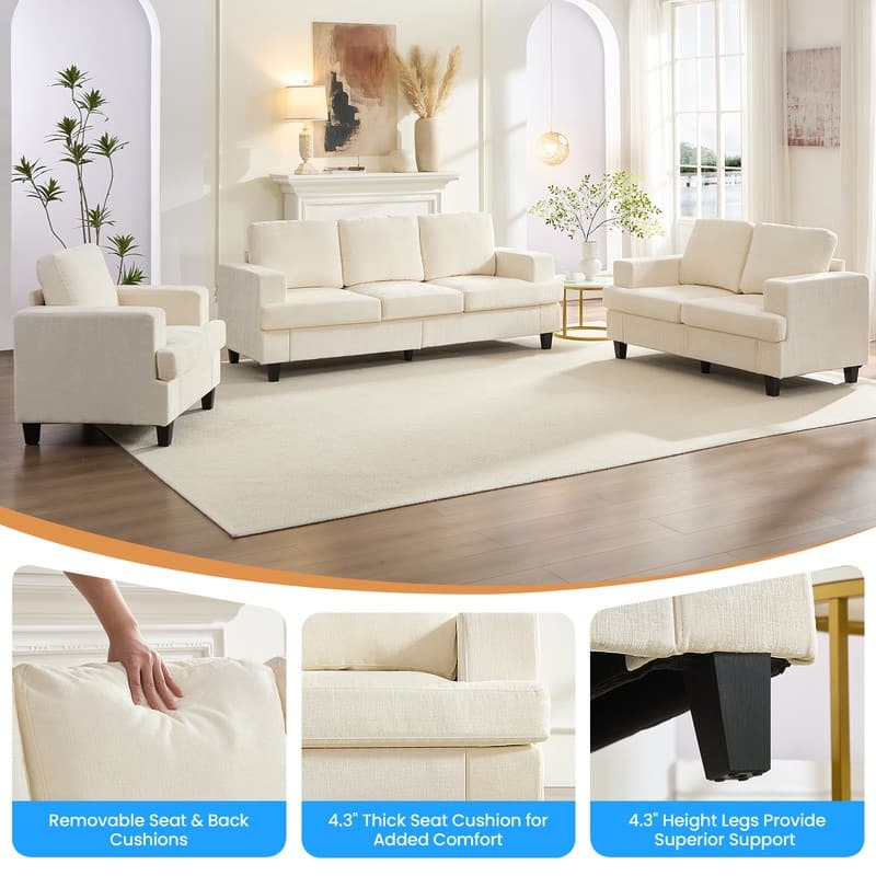 Mixoy Chenille 3 Piece Living Room Sofa Set,3-Seat Sofa/Loveseat/Armchair Sofa Sets,Modular Sectional Couch Furniture Sets