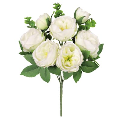 Set of 4 Cream White Artificial Cabbage Rose Flower Stem Bush Bouquet 13in - 13" L x 8" W x 8" DP