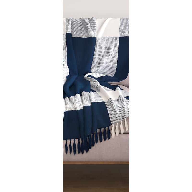 50" X 60" Blue and White Woven Cotton Checkered Throw Blanket with Fringe - Throw