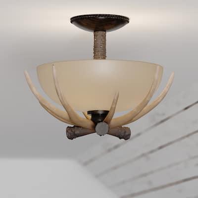 Yoho 12-in W Bronze Rustic Antler Bowl Semi Flush Mount Ceiling Light Cream Glass - 12-in W x 11-in H x 12-in D