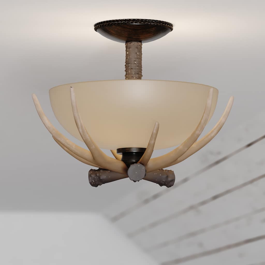 Yoho 12-in W Bronze Rustic Antler Bowl Semi Flush Mount Ceiling Light Cream Glass - 12-in W x 11-in H x 12-in D