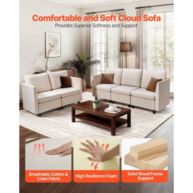 Beige Cotton-Linen Modular Sectional Sofa with Storage, Kid-Friendly Cushions and Wood Frame