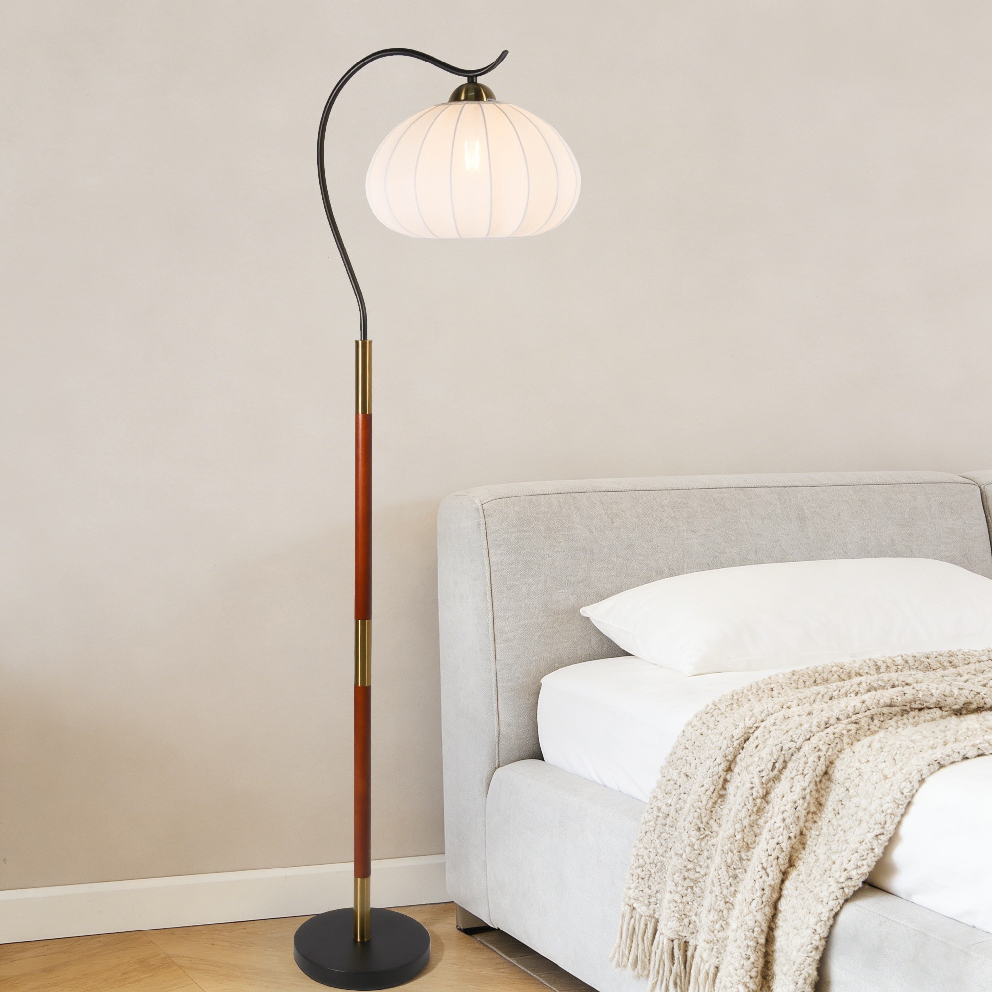 Mid-Century Reading Floor Lamp 63" Curved Brass Lamp with Pumpkin Pleated Fabric Shade - 20.5"W x 63"H