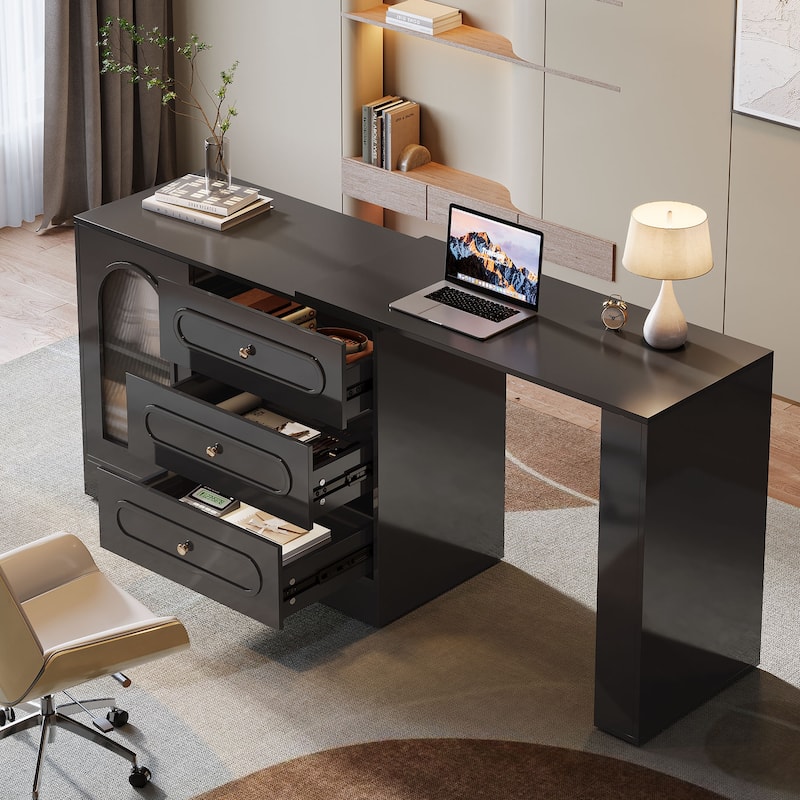 Modern 360° Rotatable Computer Desk, Executive Desk with 3 Drawers