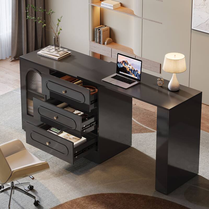 Modern 360° Rotatable Computer Desk with 3 Drawers, L Shaped Corner Executive Desk