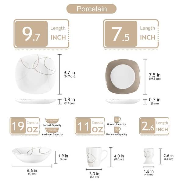 dimension image slide 4 of 9, VEWEET 20-Piece White Porcelain Dinnerware Set (Service for 4)